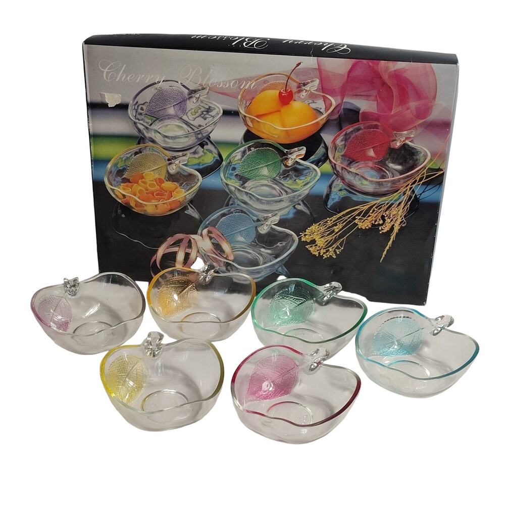 KIG Cherry Blossom Apple Glass Bowl Set 6 PC Clear w/ Box 5" Fruit Theme Color